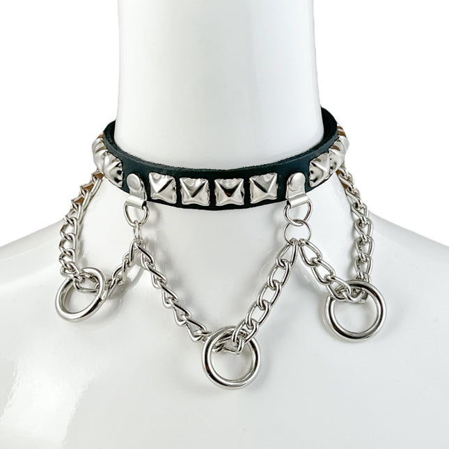 FCK520 LEATHER  STUDDED CHAIN 3/4" PATENT HANGING RING BONDAGE CHOKER