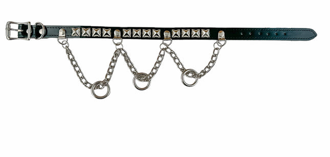FCK520 LEATHER  STUDDED CHAIN 3/4" PATENT HANGING RING BONDAGE CHOKER