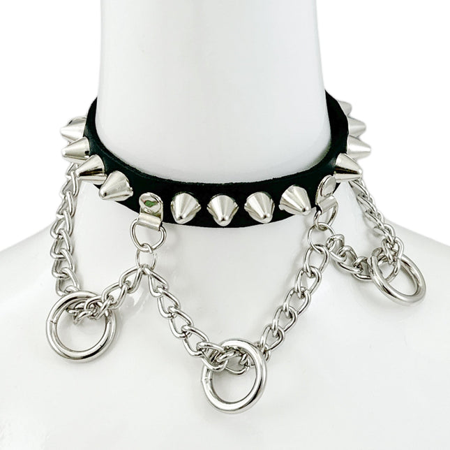 FCK521 LEATHER UK77  STUDDED CHAIN 3/4" HANGING RING BONDAGE CHOKER