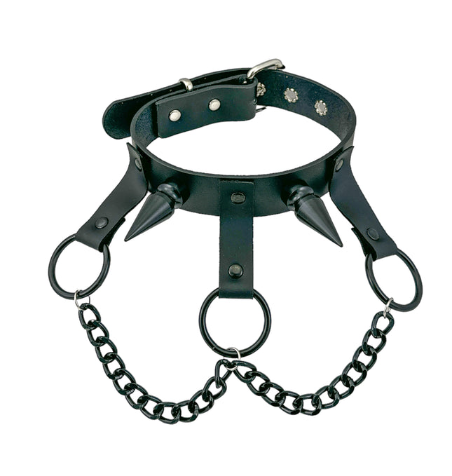 FCK525LEATHER  LARGE 2"  SPIKE  1 1/4" PATENT HANGING RING BONDAGE CHOKER