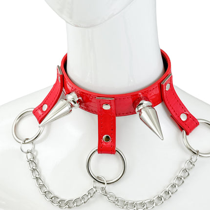 FCK525P  LARGE 2"  SPIKE  1 1/4" PATENT HANGING RING BONDAGE CHOKER