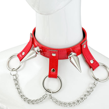 FCK525P  LARGE 2"  SPIKE  1 1/4" PATENT HANGING RING BONDAGE CHOKER