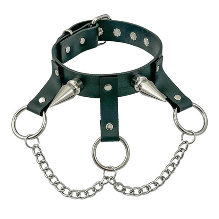 FCK525LEATHER  LARGE 2"  SPIKE  1 1/4" PATENT HANGING RING BONDAGE CHOKER