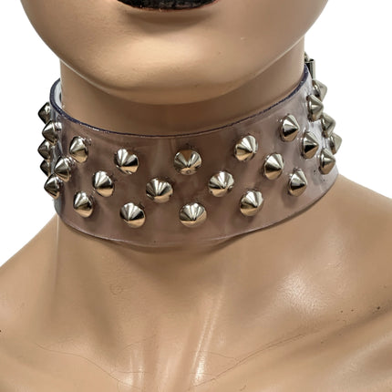 FCK543 VN-CLR 3 ROWS SMALL CONICAL  STUDS CHOKER  PVC CLEAR
