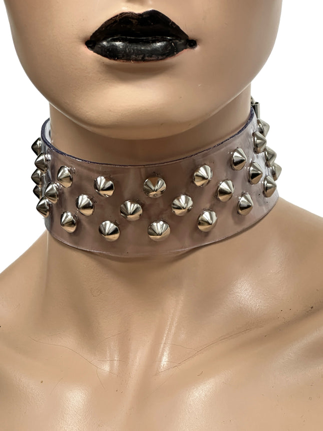 FCK543 VN-CLR 3 ROWS SMALL CONICAL  STUDS CHOKER  PVC CLEAR