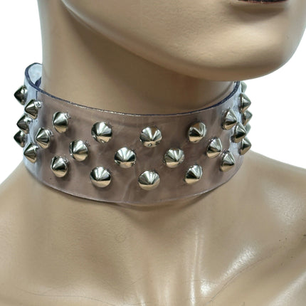 FCK543 VN-CLR 3 ROWS SMALL CONICAL  STUDS CHOKER  PVC CLEAR