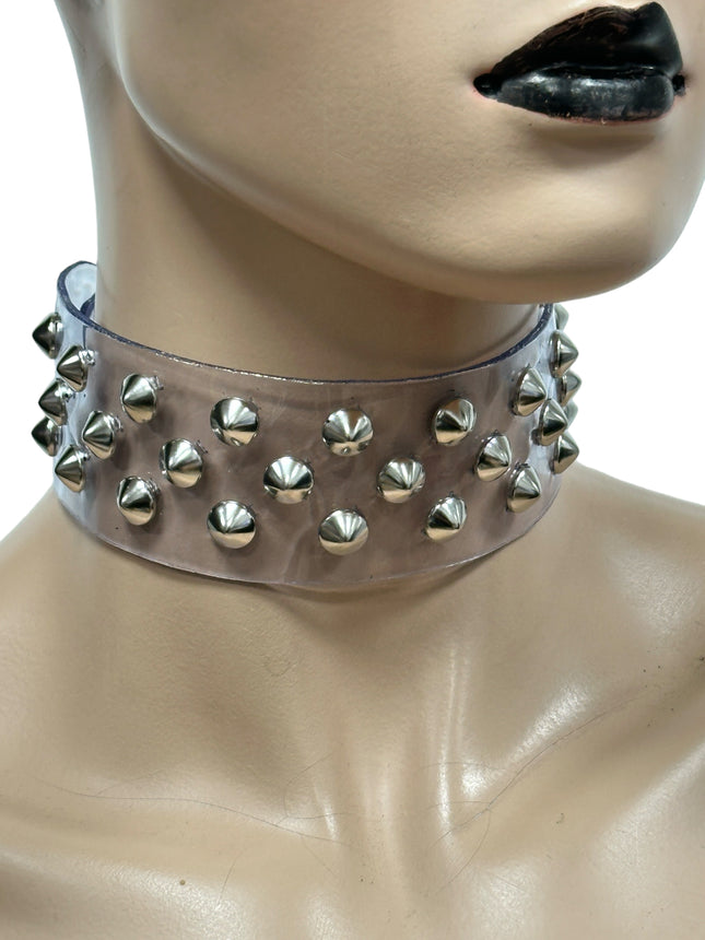 FCK543 VN-CLR 3 ROWS SMALL CONICAL  STUDS CHOKER  PVC CLEAR