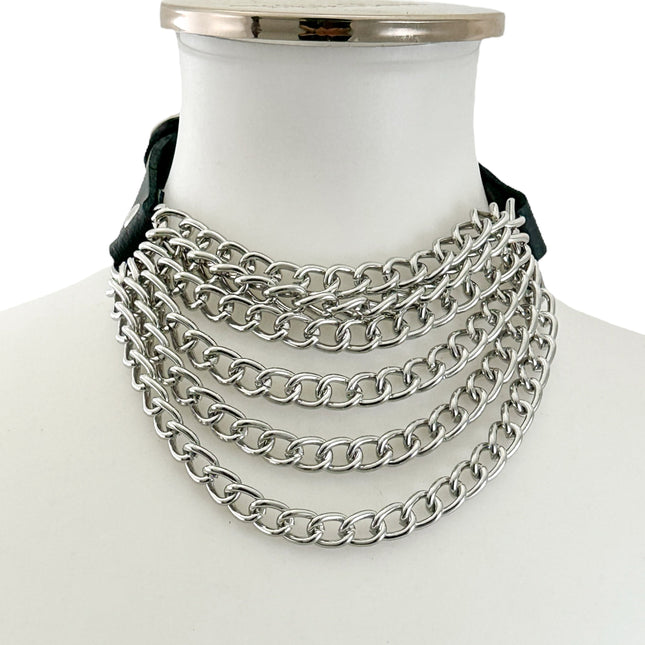 FCK610  6 ROW  STEEL HANGING CHAIN CHOKER GENUINE LEATHER