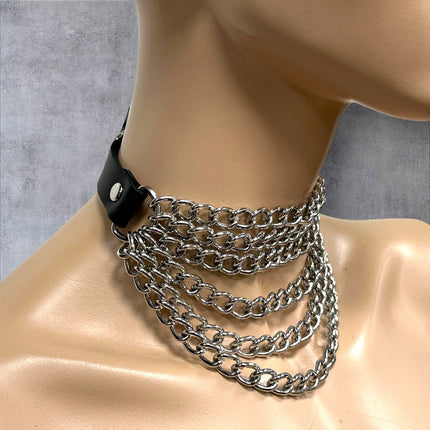 FCK610  6 ROW  STEEL HANGING CHAIN CHOKER GENUINE LEATHER