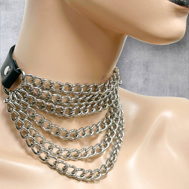 FCK610  6 ROW  STEEL HANGING CHAIN CHOKER GENUINE LEATHER