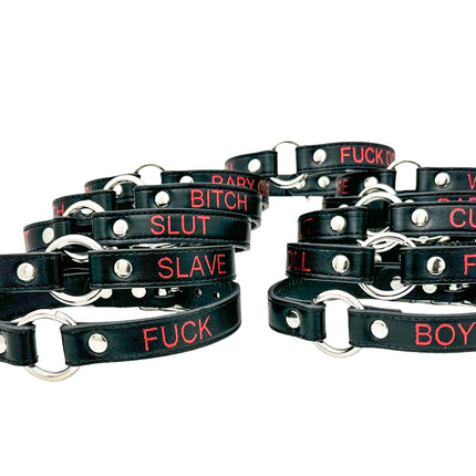 FCK630RS-SIL   RED PRINTED NAME VEGAN CHOKER WITH SILVER RING