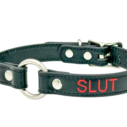 FCK630RS-SIL   RED PRINTED NAME VEGAN CHOKER WITH SILVER RING