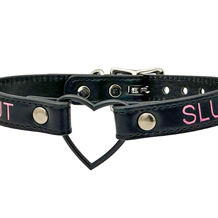 FCK632PS-BS   BLACK HEART RING PINK PRINTED NAME VEGAN CHOKER