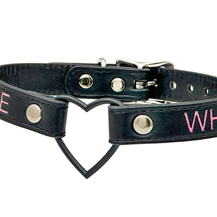 FCK632PS-BS   BLACK HEART RING PINK PRINTED NAME VEGAN CHOKER