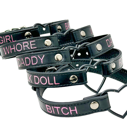 FCK632PS-BS   BLACK HEART RING PINK PRINTED NAME VEGAN CHOKER