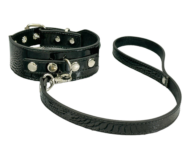FCK654P-LEASH  PATENT NEON D RING WIDE BONDAGE LARGE RIVET  CHOKER