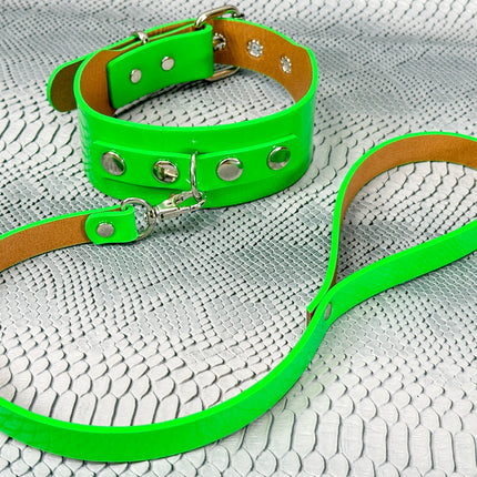 FCK654P-LEASH  PATENT NEON D RING WIDE BONDAGE LARGE RIVET  CHOKER