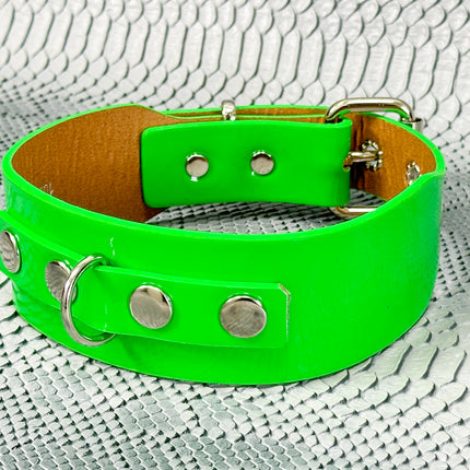 FCK654P  PATENT NEON D RING WIDE BONDAGE LARGE RIVET  CHOKER