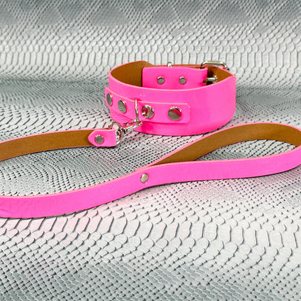 FCK654P-LEASH  PATENT NEON D RING WIDE BONDAGE LARGE RIVET  CHOKER