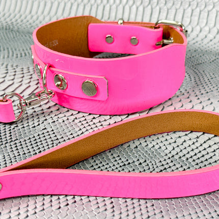 FCK654P-LEASH  PATENT NEON D RING WIDE BONDAGE LARGE RIVET  CHOKER