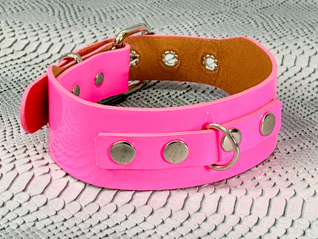 FCK654P  PATENT NEON D RING WIDE BONDAGE LARGE RIVET  CHOKER