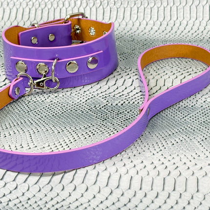 FCK654P-LEASH  PATENT NEON D RING WIDE BONDAGE LARGE RIVET  CHOKER