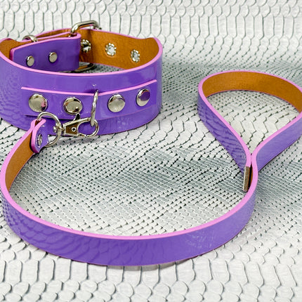FCK654P-LEASH  PATENT NEON D RING WIDE BONDAGE LARGE RIVET  CHOKER
