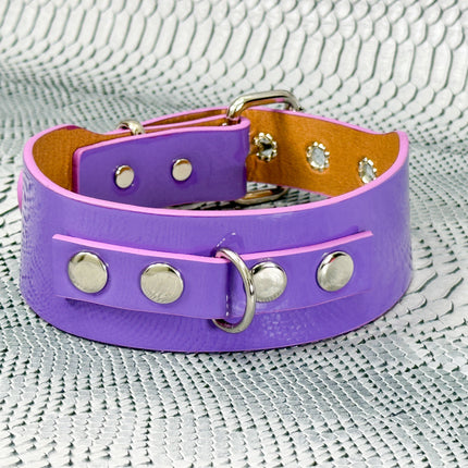 FCK654P  PATENT NEON D RING WIDE BONDAGE LARGE RIVET  CHOKER