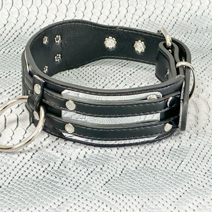 FCK655M-METAL PLATE  D RING WIDE BONDAGE LARGE RIVET VEGAN CHOKER