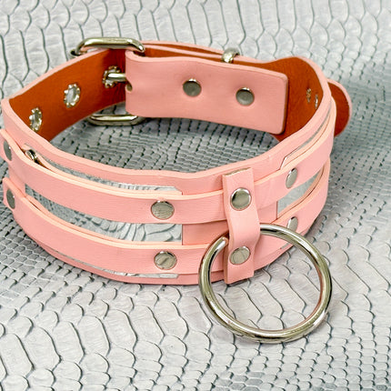 FCK655M-METAL PLATE  D RING WIDE BONDAGE LARGE RIVET VEGAN CHOKER