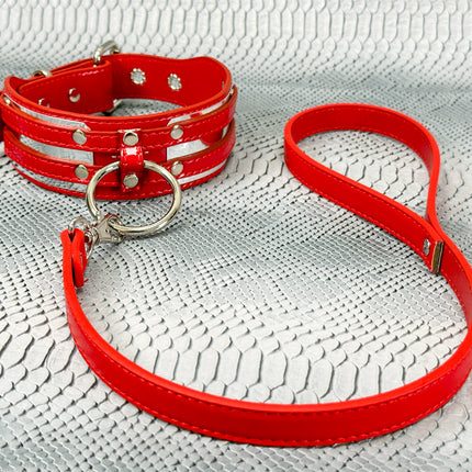 FCK655M-LEASH METAL PLATE  D RING WIDE BONDAGE LARGE RIVET VEGAN CHOKER