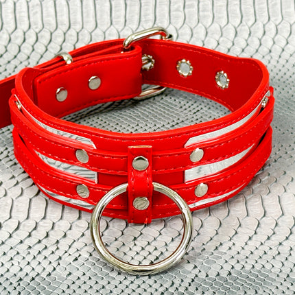 FCK655M-LEASH METAL PLATE  D RING WIDE BONDAGE LARGE RIVET VEGAN CHOKER