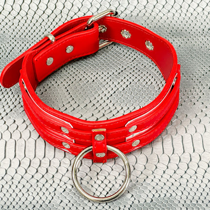 FCK655M-METAL PLATE  D RING WIDE BONDAGE LARGE RIVET VEGAN CHOKER
