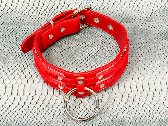 FCK655M-METAL PLATE  D RING WIDE BONDAGE LARGE RIVET VEGAN CHOKER