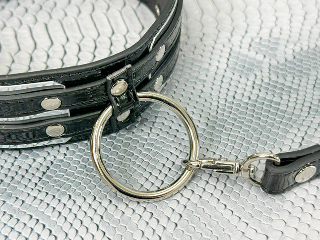 FCK655P-LEASH  METAL PLATE PATENT NEON D RING WIDE BONDAGE LARGE RIVET  CHOKER