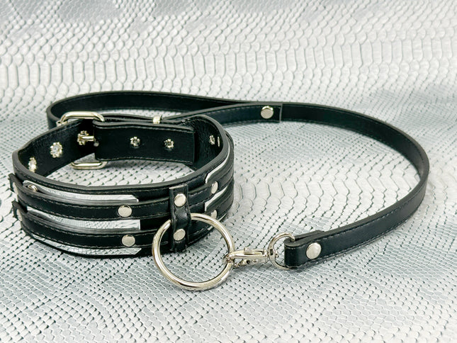 FCK655P-LEASH  METAL PLATE PATENT NEON D RING WIDE BONDAGE LARGE RIVET  CHOKER