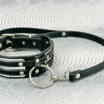 FCK655M-LEASH METAL PLATE  D RING WIDE BONDAGE LARGE RIVET VEGAN CHOKER