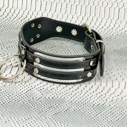 FCK655P  METAL PLATE PATENT NEON D RING WIDE BONDAGE LARGE RIVET  CHOKER