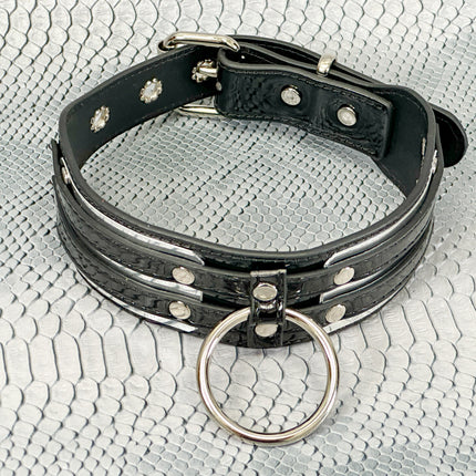 FCK655P  METAL PLATE PATENT NEON D RING WIDE BONDAGE LARGE RIVET  CHOKER