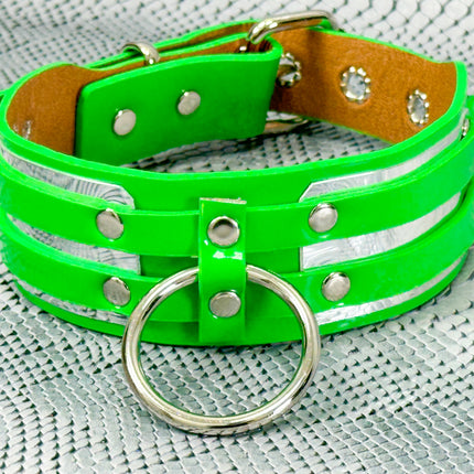FCK655P  METAL PLATE PATENT NEON D RING WIDE BONDAGE LARGE RIVET  CHOKER
