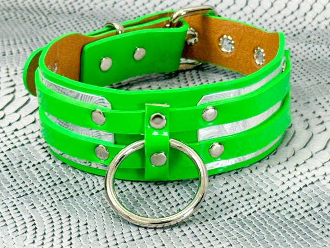 FCK655P  METAL PLATE PATENT NEON D RING WIDE BONDAGE LARGE RIVET  CHOKER