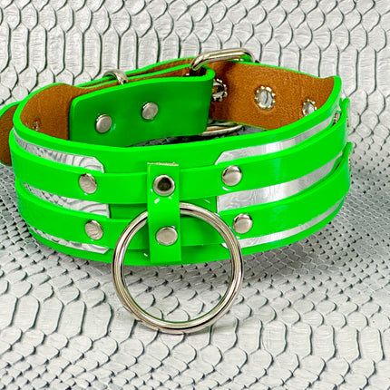FCK655P  METAL PLATE PATENT NEON D RING WIDE BONDAGE LARGE RIVET  CHOKER
