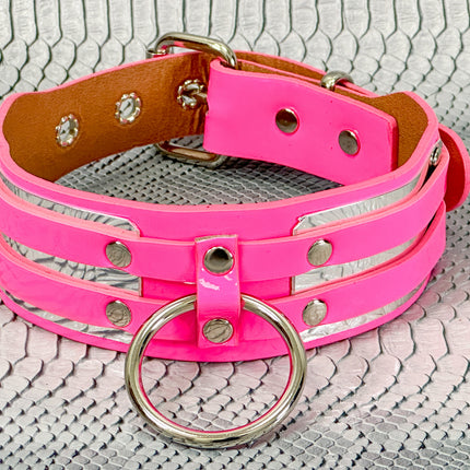 FCK655P  METAL PLATE PATENT NEON D RING WIDE BONDAGE LARGE RIVET  CHOKER