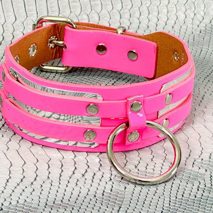 FCK655P  METAL PLATE PATENT NEON D RING WIDE BONDAGE LARGE RIVET  CHOKER