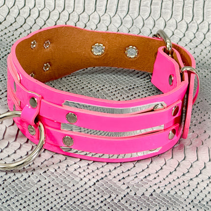 FCK655P  METAL PLATE PATENT NEON D RING WIDE BONDAGE LARGE RIVET  CHOKER