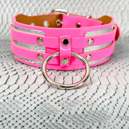 FCK655P  METAL PLATE PATENT NEON D RING WIDE BONDAGE LARGE RIVET  CHOKER