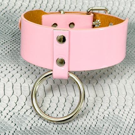 FCK658P  PATENT NEON O RING WIDE BONDAGE LARGE RIVET  CHOKER