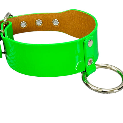 FCK658P  PATENT NEON O RING WIDE BONDAGE LARGE RIVET  CHOKER