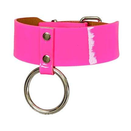 FCK658P  PATENT NEON O RING WIDE BONDAGE LARGE RIVET  CHOKER