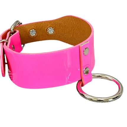 FCK658P  PATENT NEON O RING WIDE BONDAGE LARGE RIVET  CHOKER